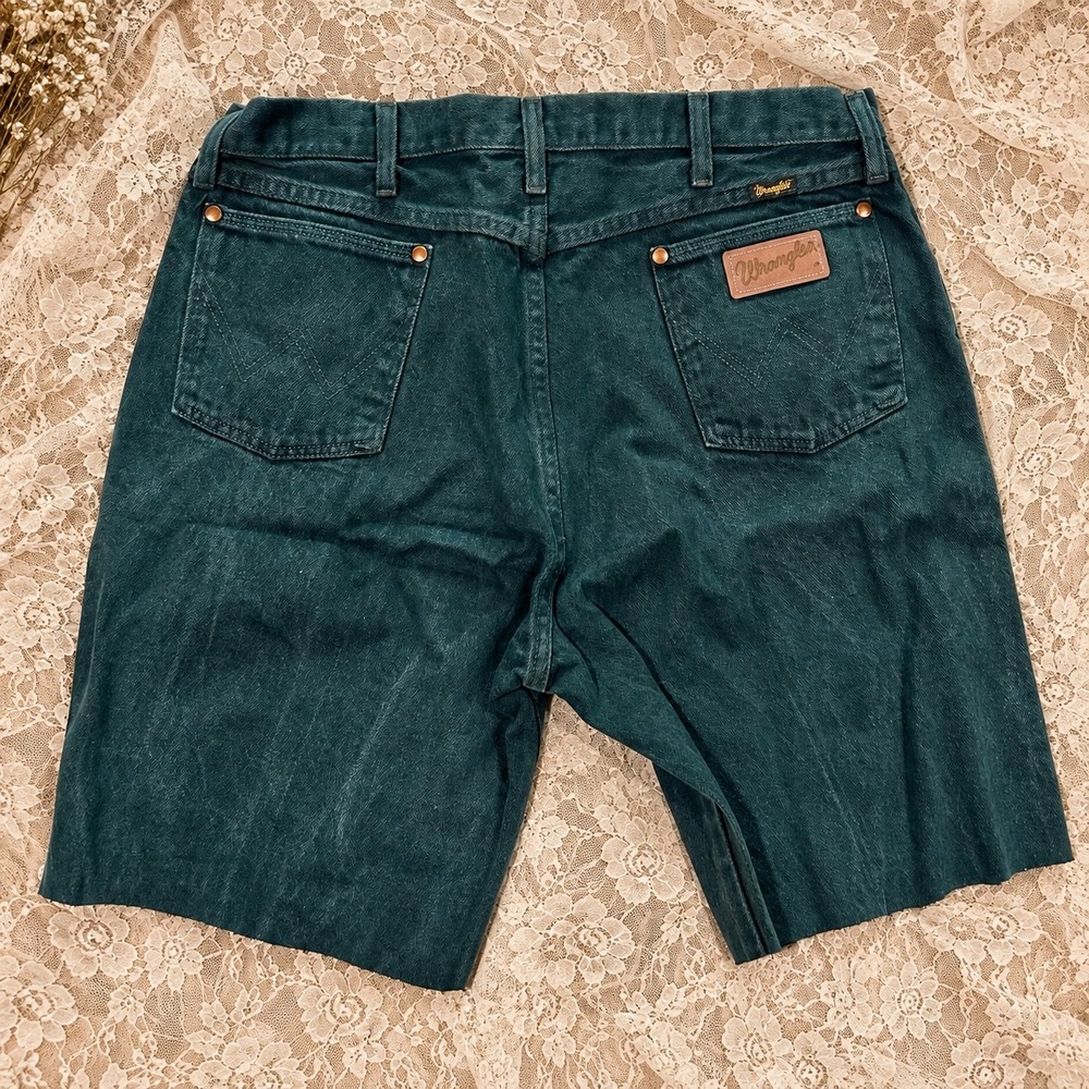 Wrangler Mens Forest Green Denim Cut Off Shorts 34 Vintage Fall Western 90s